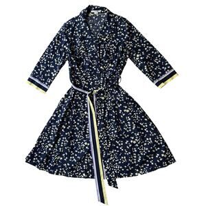 Boden Navy Blue Riviera Floral Shirt Dress 3/4 Sleeve Size US 14 Contrast Belt